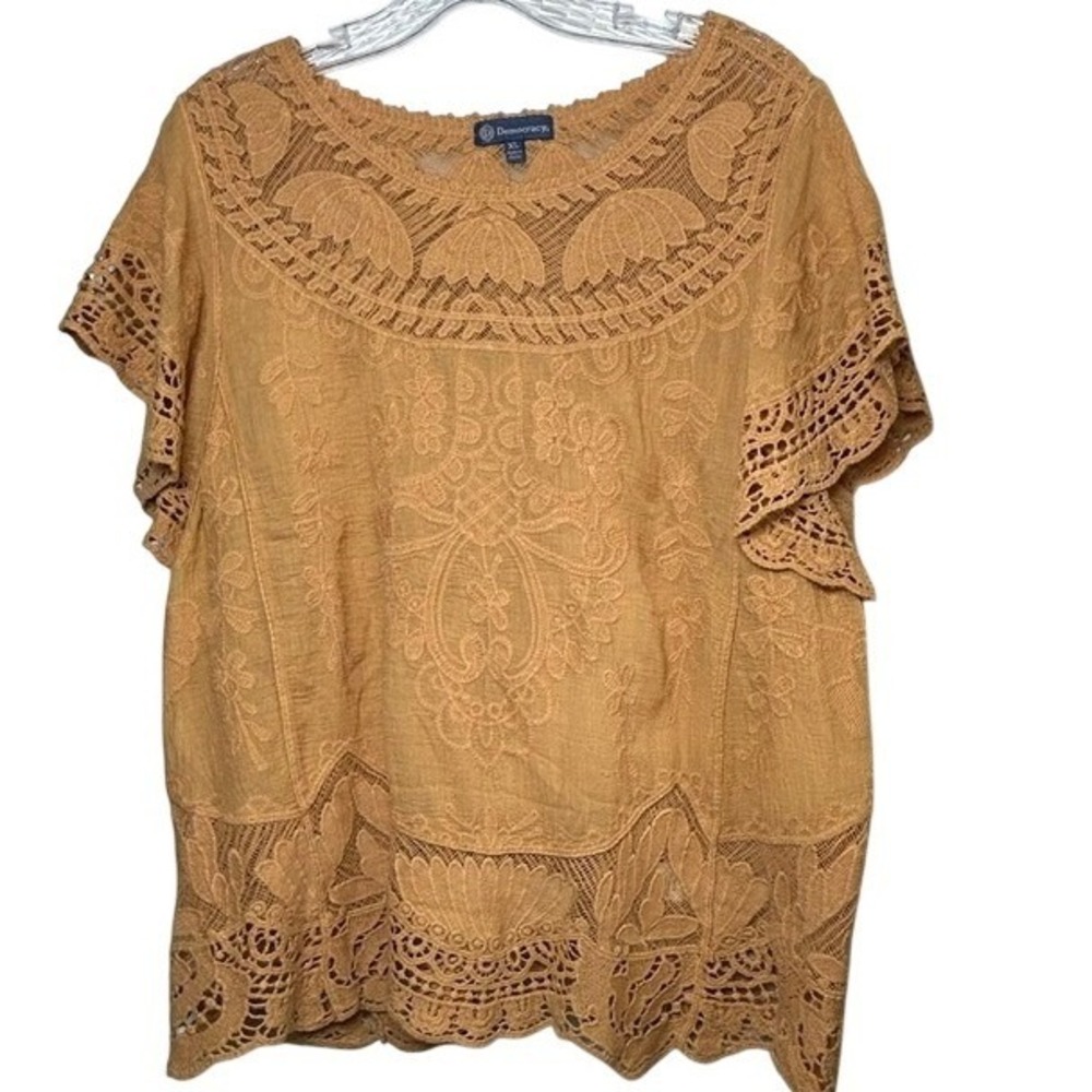 Democracy Women's Mustard Yellow Boho Floral Crochet Tunic Cotton Blouse XL